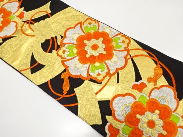 JAPANESE KIMONO / ANTIQUE FUKURO OBI / SILK / WOVEN FLORAL CREST & NOSHI